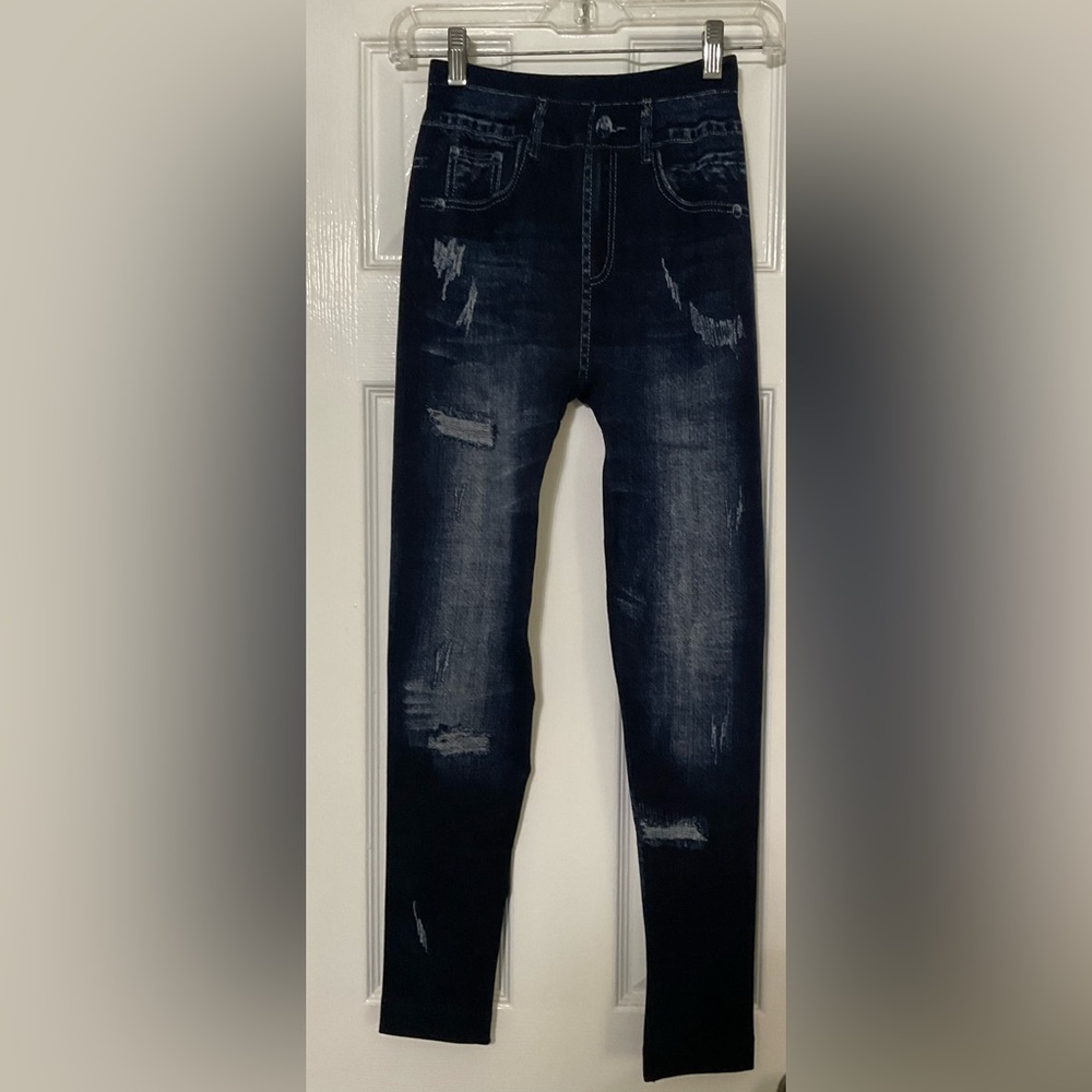 Indigo Blue Skinny Jean leggings with Distressed Details